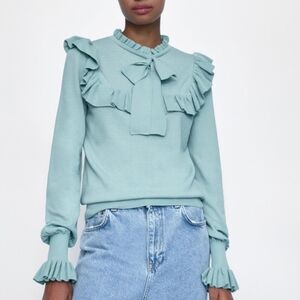 Zara Knit Academia Ruffle Stretchy Long Sleeve Blouse